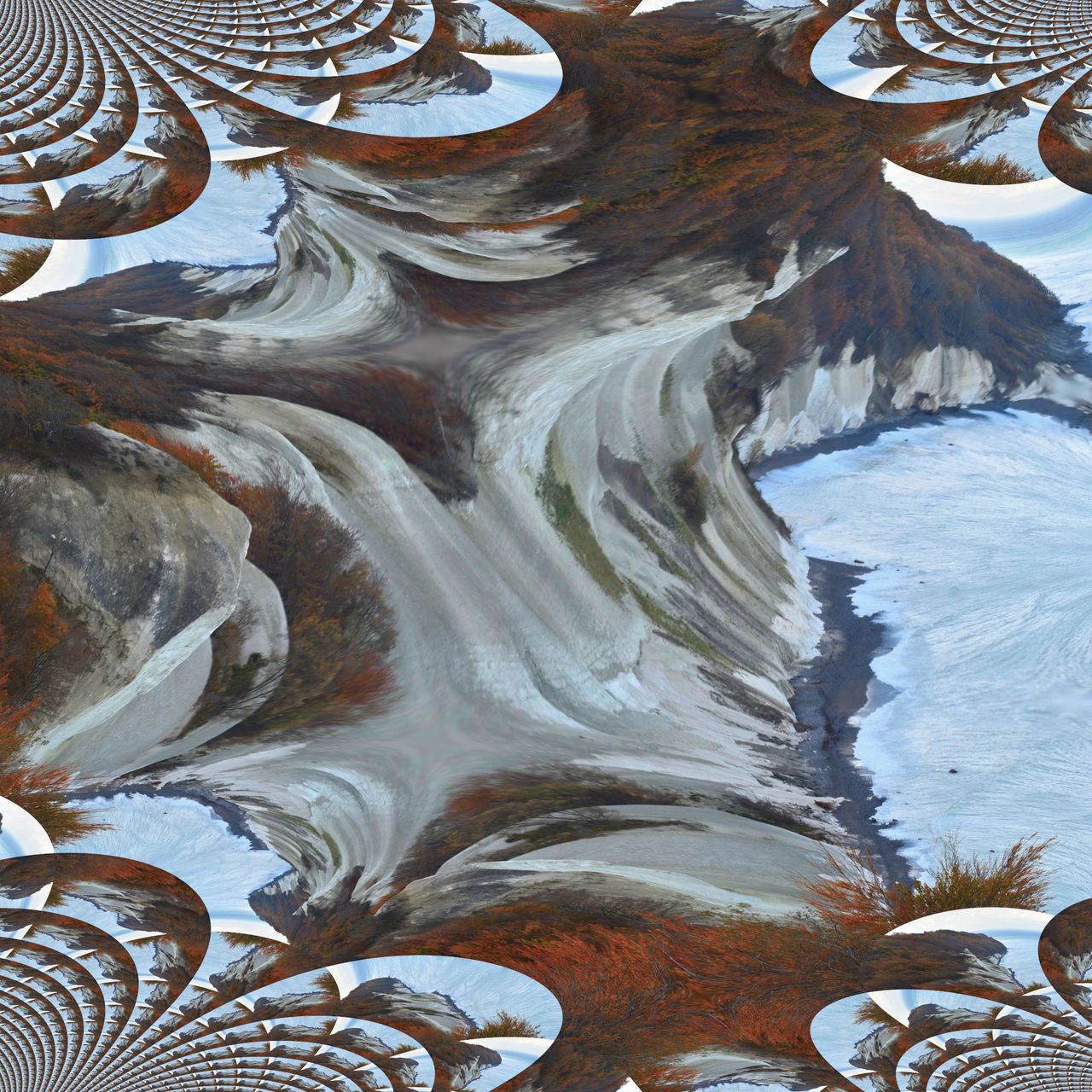 A cliff and the baltic sea in autumn, processed with a mandelbrot filter